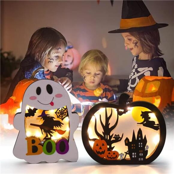 2pcs Lighted Wooden Pumpkin Lanterns - Halloween Tabletop Ghost Lamp Decoration - Picture 7 of 8
